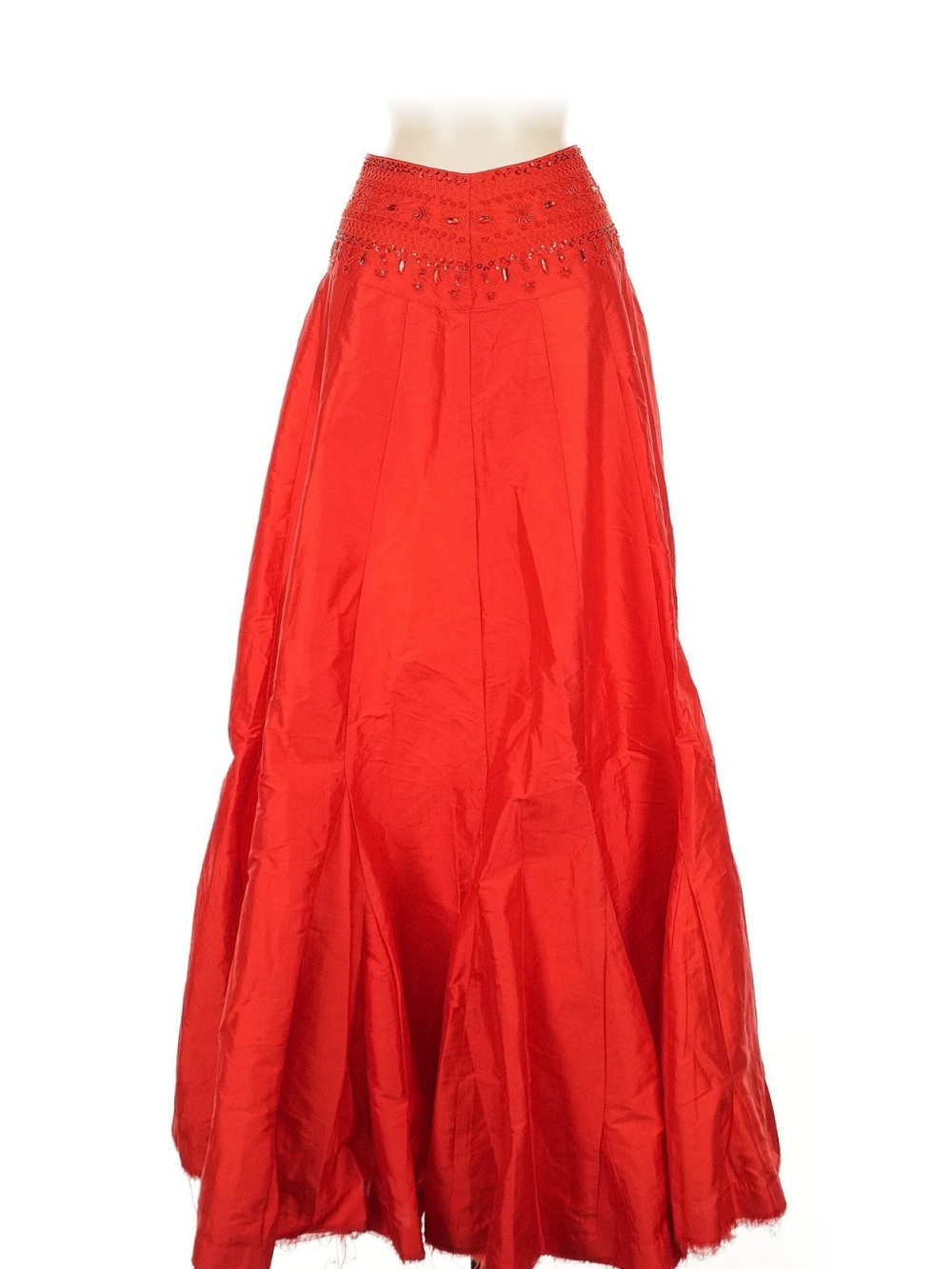 Red Embellished Maxi Skirt with Decorative Waist